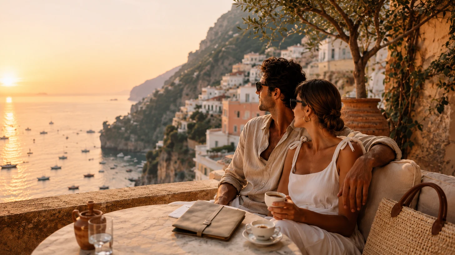 Coppia in viaggio romantico in una destinazione internazionale elegante